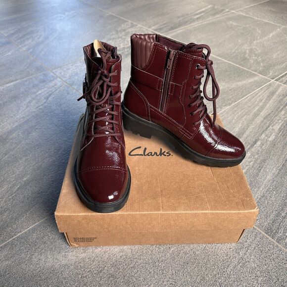 Clarks Shoes - NIB Clarks Calla Dance Lace-Up Buckled Boots Side Zip Burgundy Patent Women's 7W